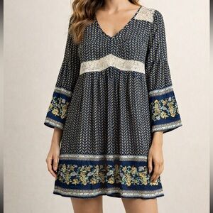 Entro Bohemian Blue and White With Floral Lace Detail Bell Sleeves Mini Dress